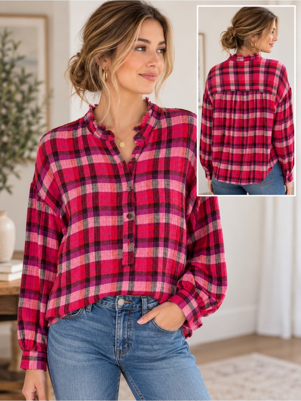 ANTHROPOLOGIE PILCRO Pink Red Plaid Raw Edge Popover Shirt Size Small
